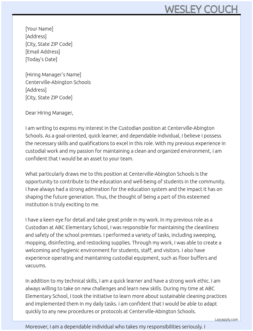 Custodian At Centerville-Abington Schools Cover Letter