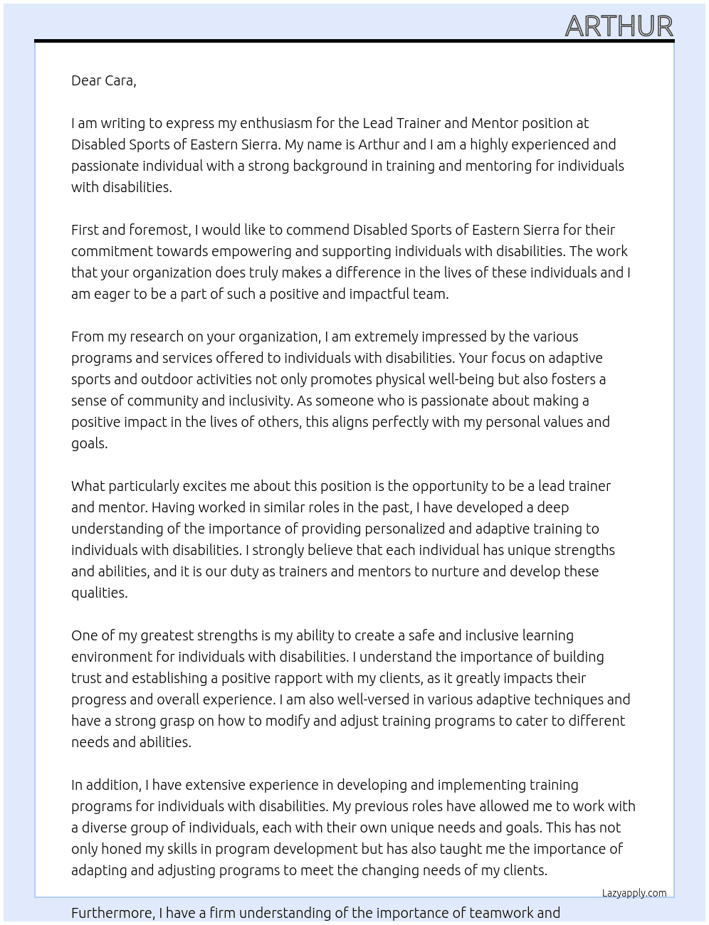 Lead trainer and mentor At Disabled sports of eastern sierra Cover Letter