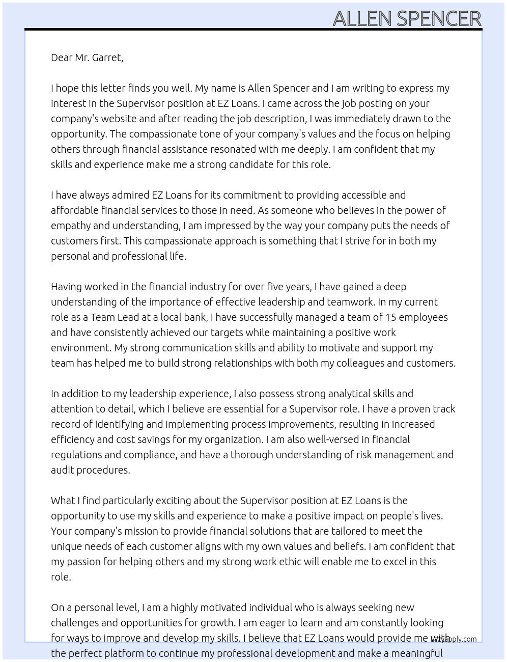 Supervisor At ez loans  Cover Letter