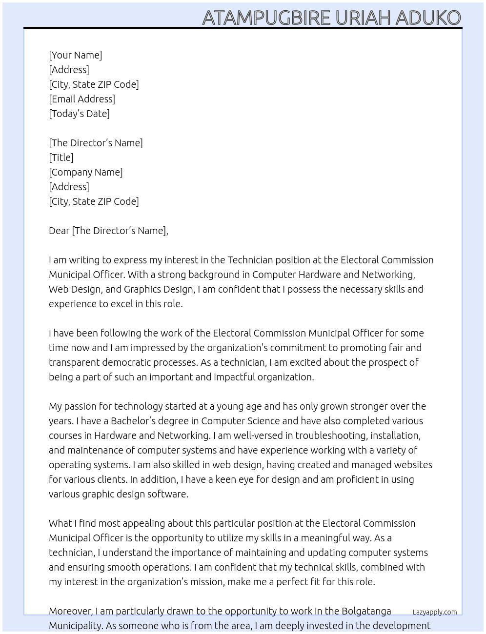 Technician At Electoral Commission Municipal Officer Cover Letter