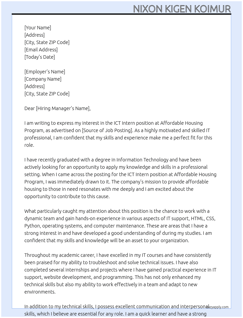 ict intern At affordable housing program Cover Letter