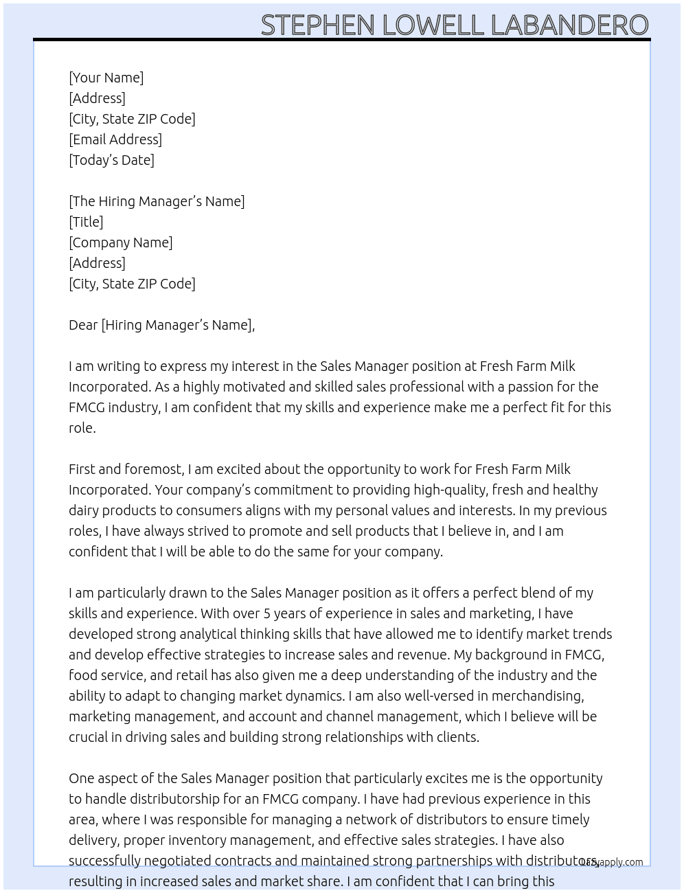 Sales Manager At Fresh Farm Milk Incorporated Cover Letter