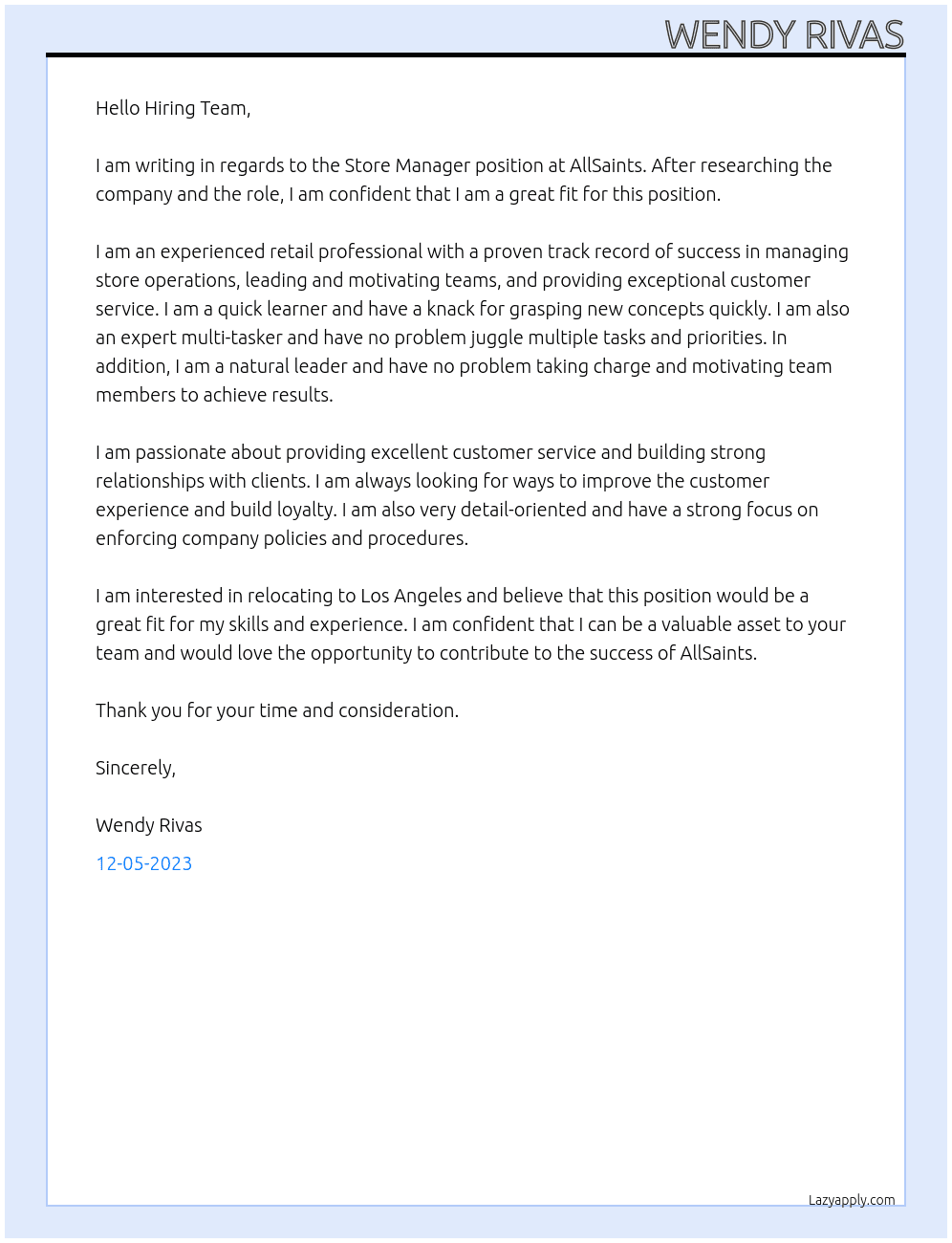 Store Manager At AllSaints Cover Letter