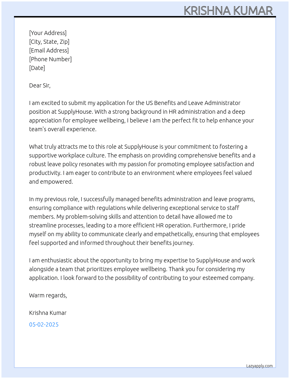 US Benefits and Leave Administrator  At SupplyHouse Cover Letter