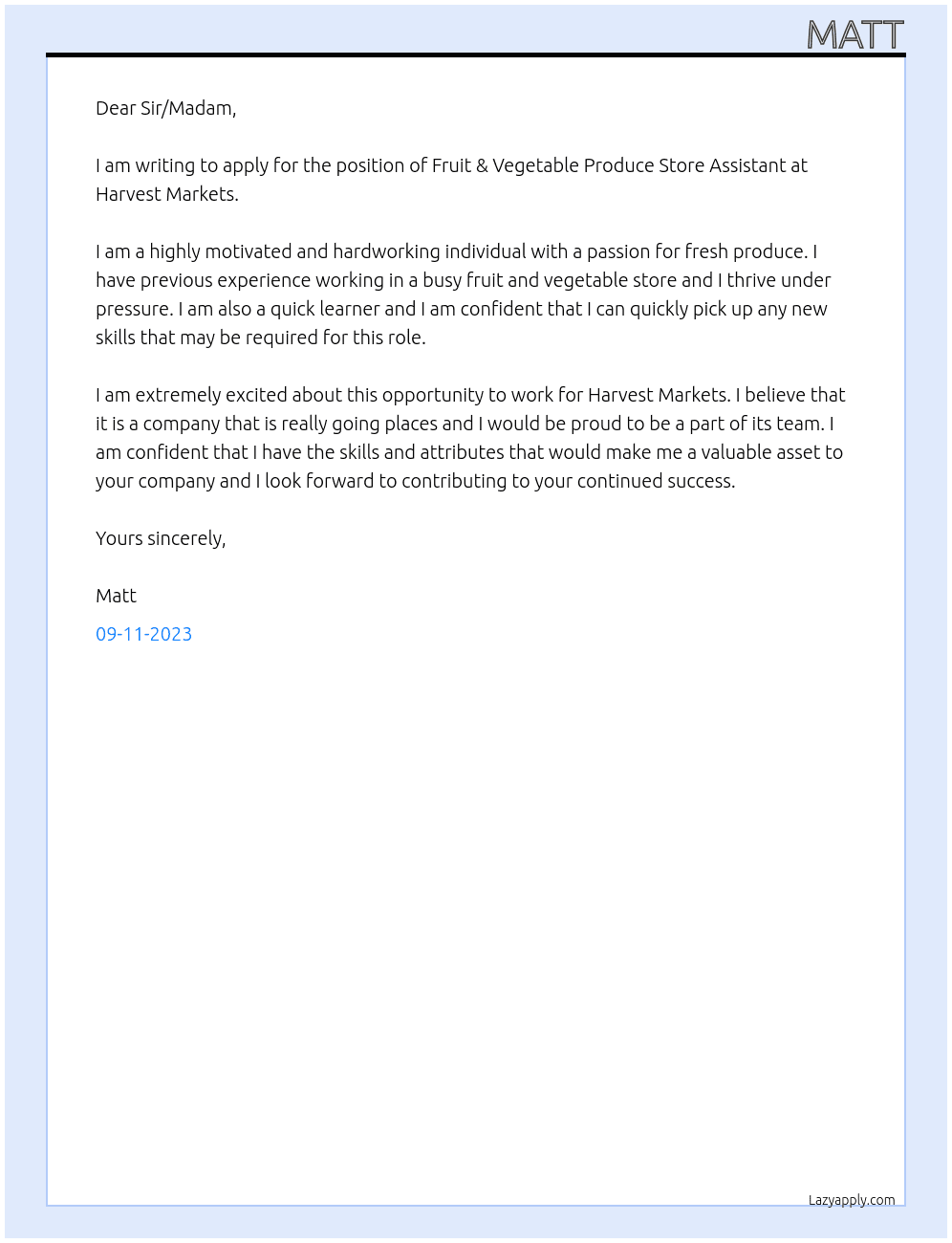 Fruit & Vegetable Produce Store Assistant At Harvest Markets Cover Letter