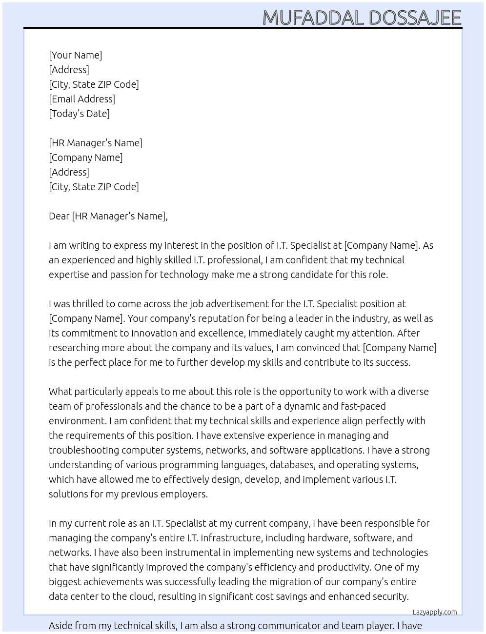 I.T. Specialist At Company Cover Letter