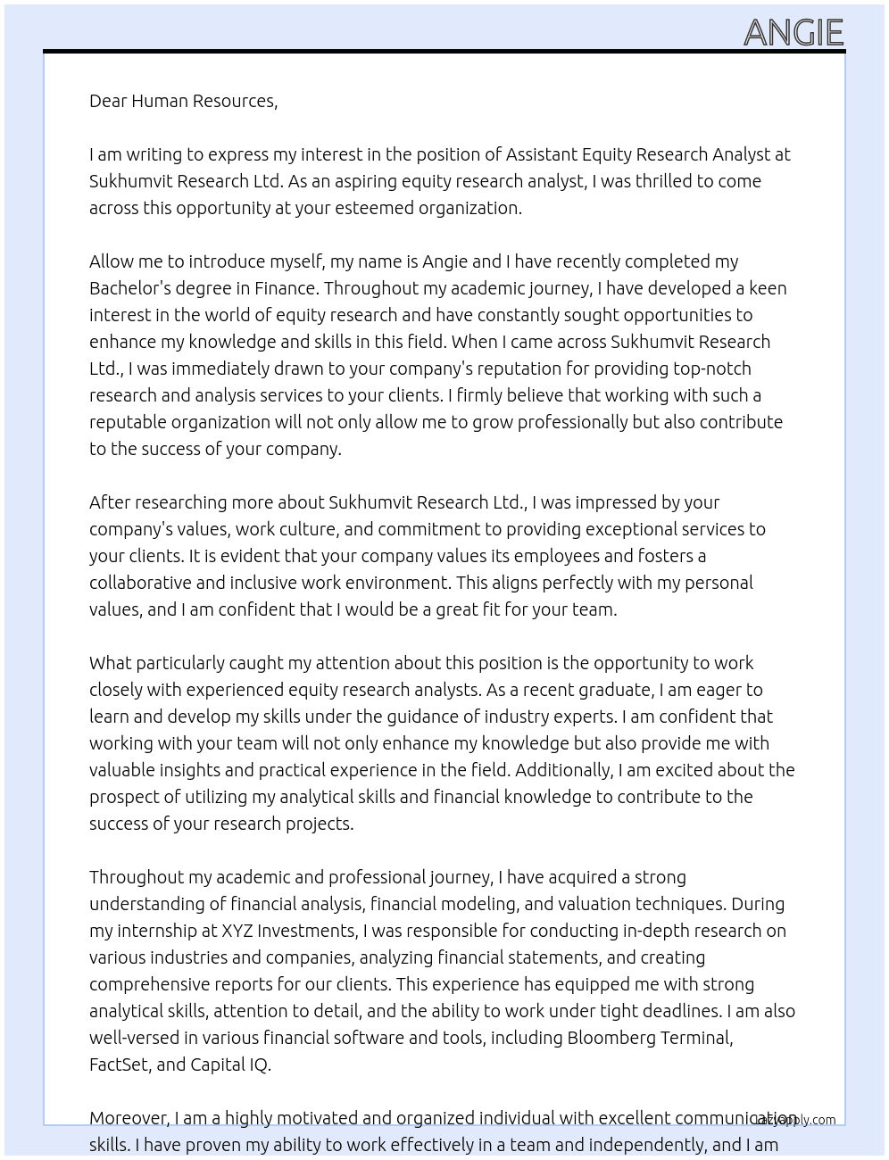 assistant equity research analyst At Sukhumvit Research Ltd. Cover Letter