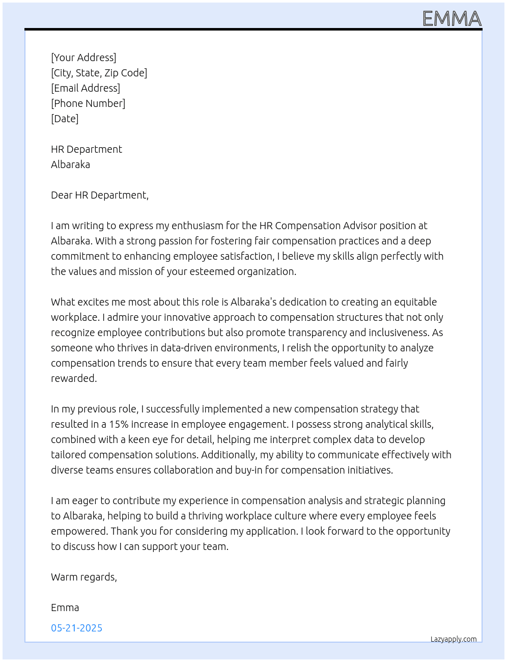 Hr compensation advisor  At Albaraka  Cover Letter
