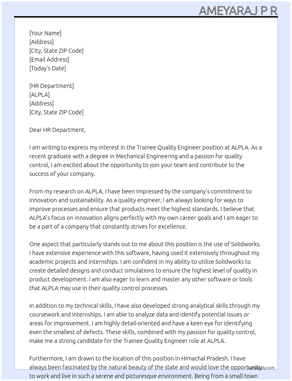 trainee quality engineer At ALPLA Cover Letter