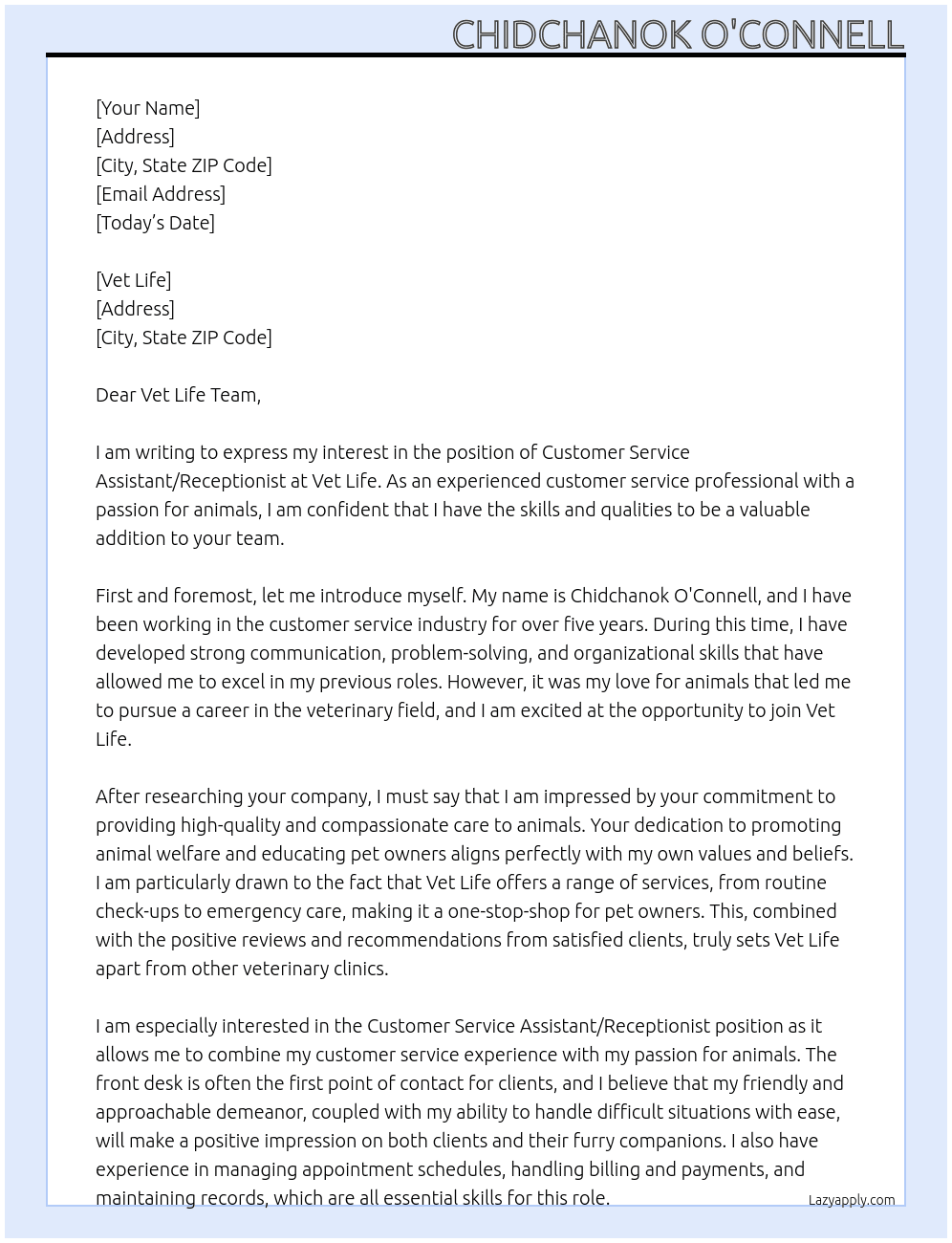 Customer Service Assistant/Receptionist At Vet Life Cover Letter