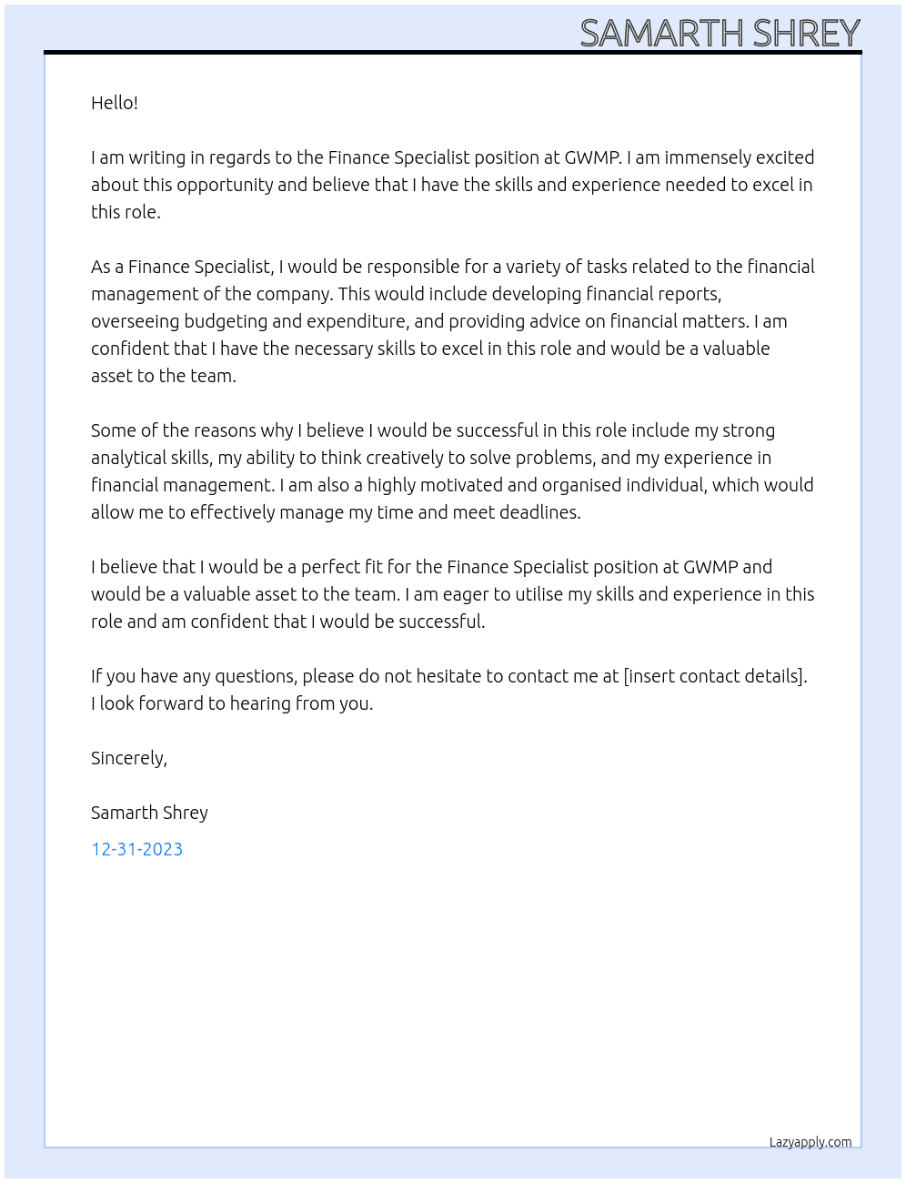 Finance Specialist At GWMP Cover Letter