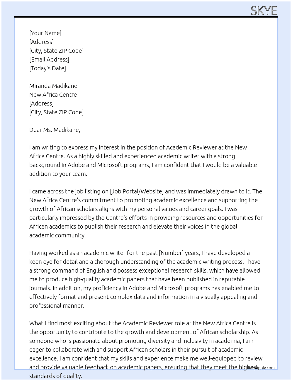 academic reviewer At New Africa Centre Cover Letter