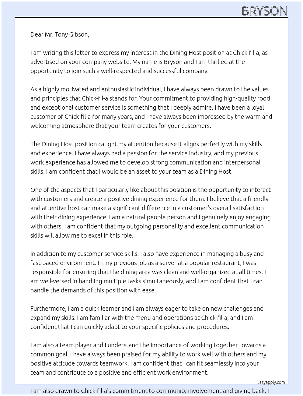 Dining Host At Chick-fil-a Cover Letter
