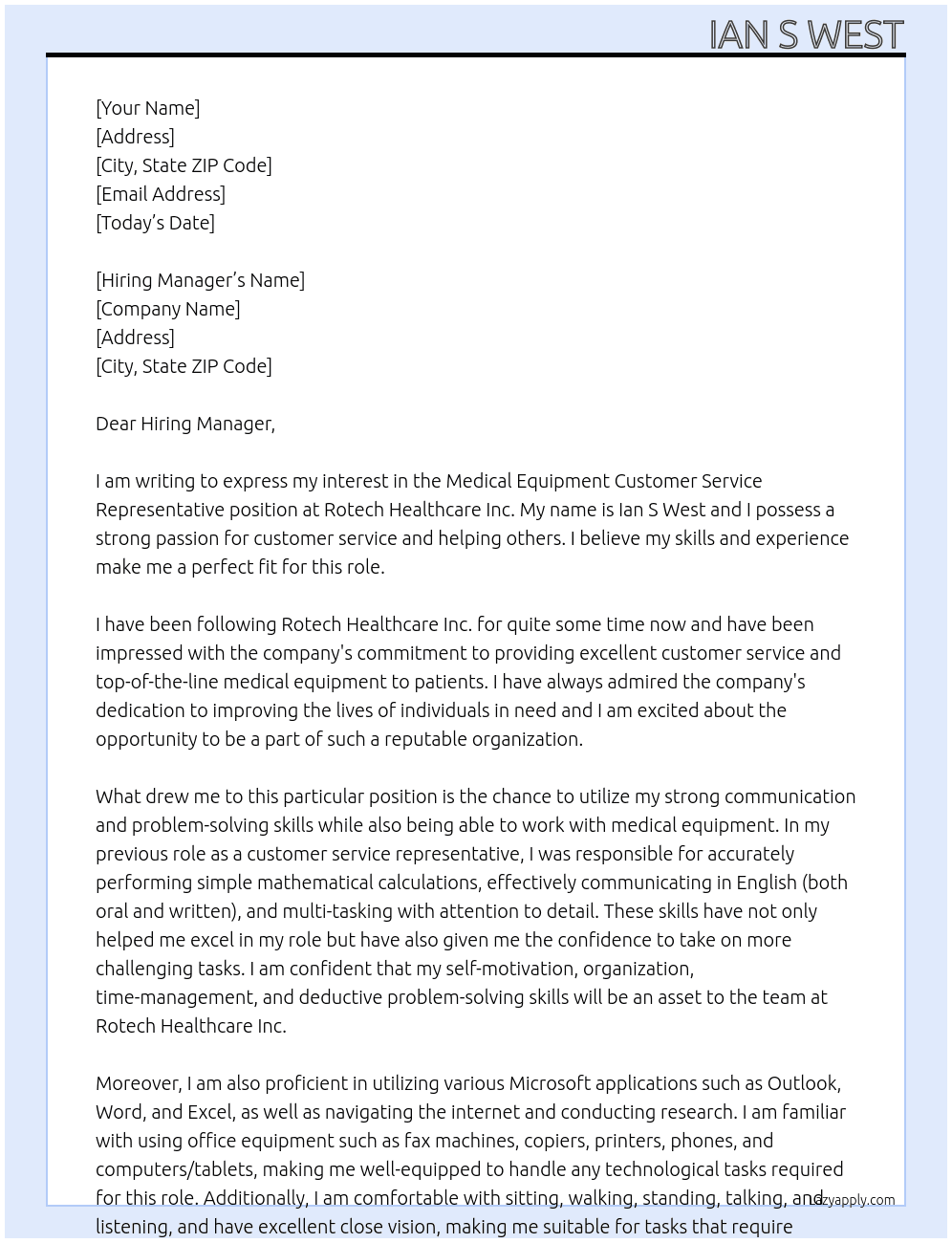 Medical Equipment Customer Service Representative At Rotech Healthcare Inc. Cover Letter