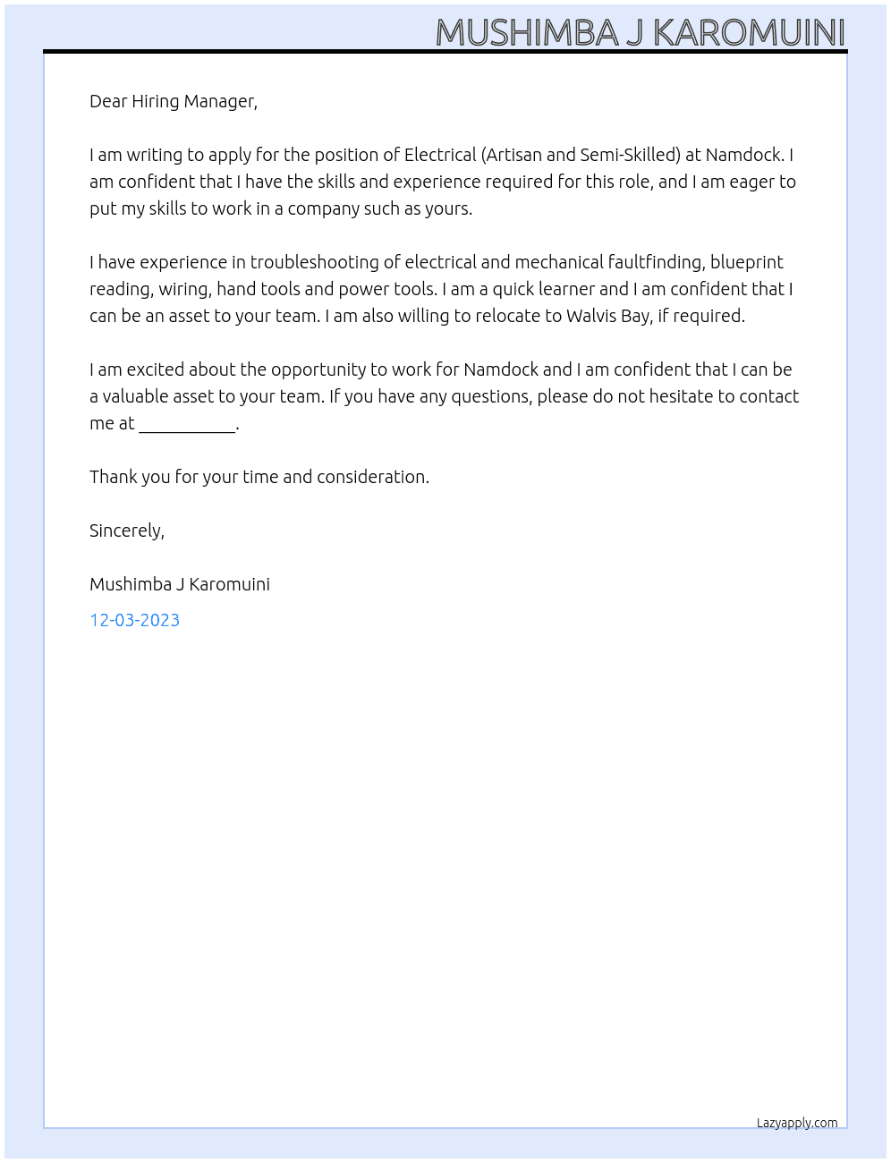 	Electrical (Artisan and Semi-Skilled) At Namdock Cover Letter