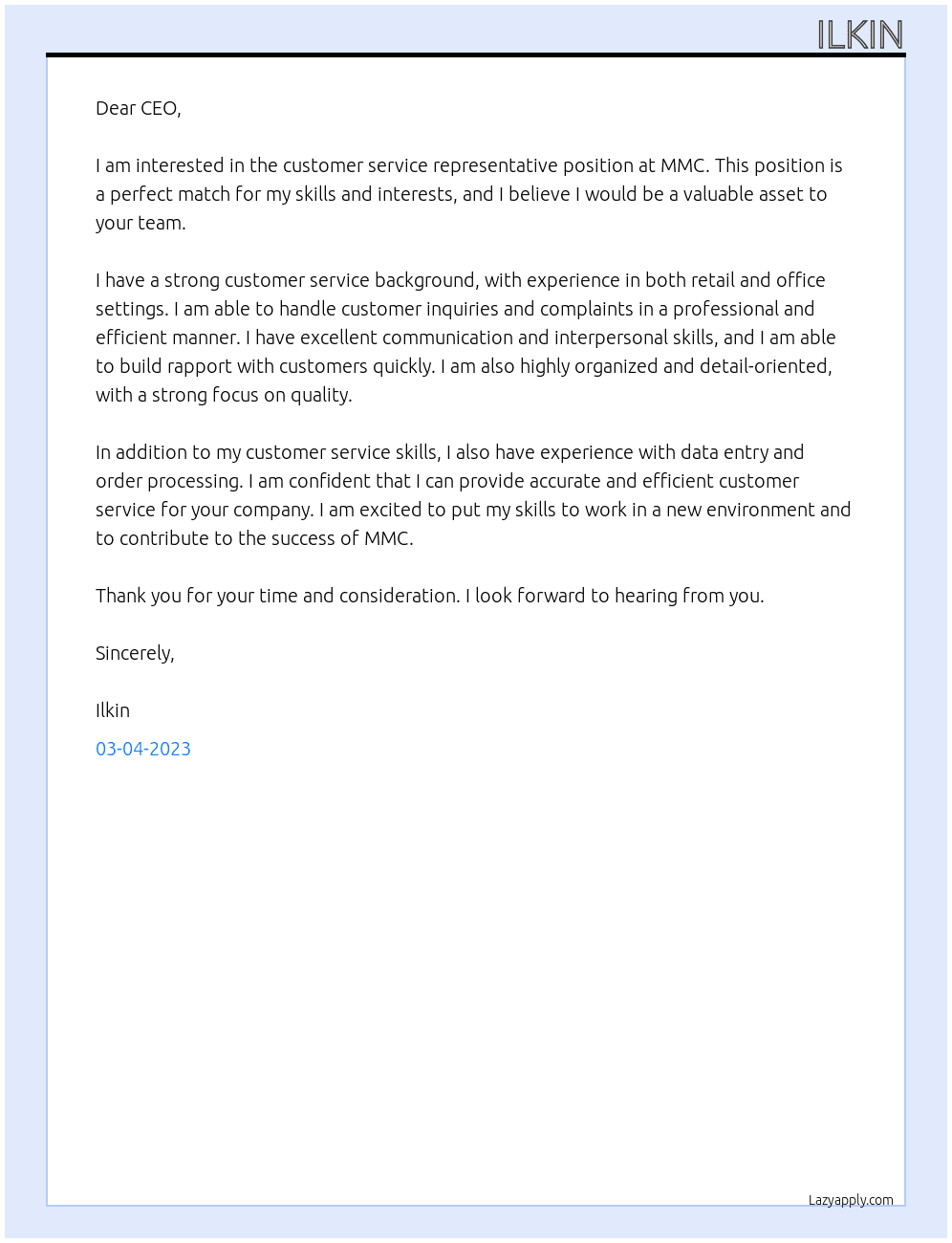 Customer service represantive At Mmc Cover Letter