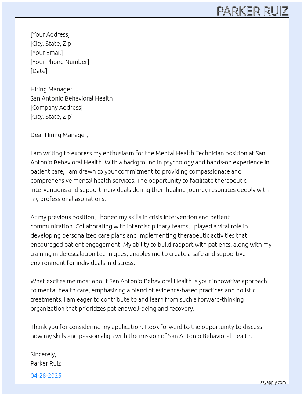 Cover letter for mental health technician - LazyApply