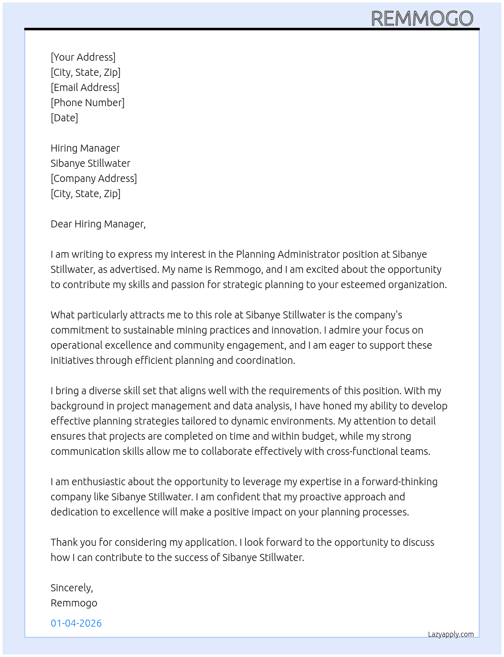 Planning administrator  At Sibanye stillwater Cover Letter
