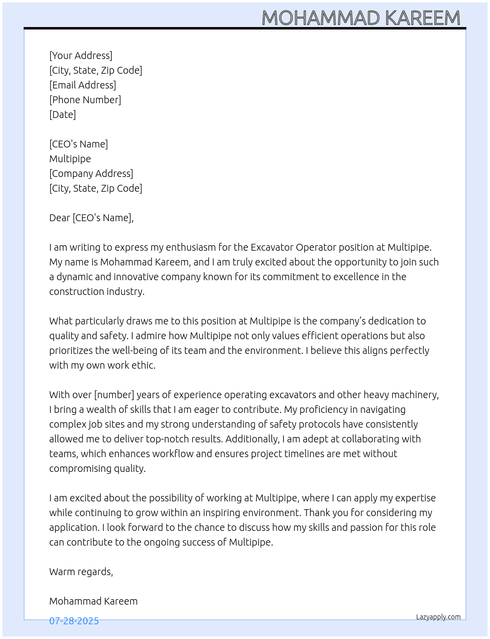 Excavator operator  At Multipipe Cover Letter