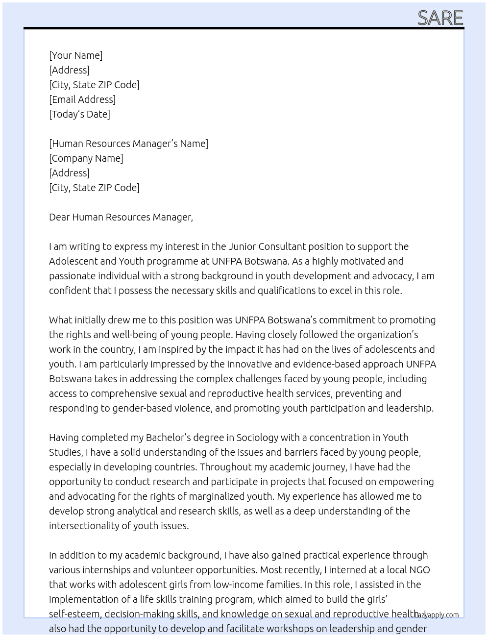 Junior Consultant position to support the Adolescent and Youth programme At UNFPA Botswana Cover Letter