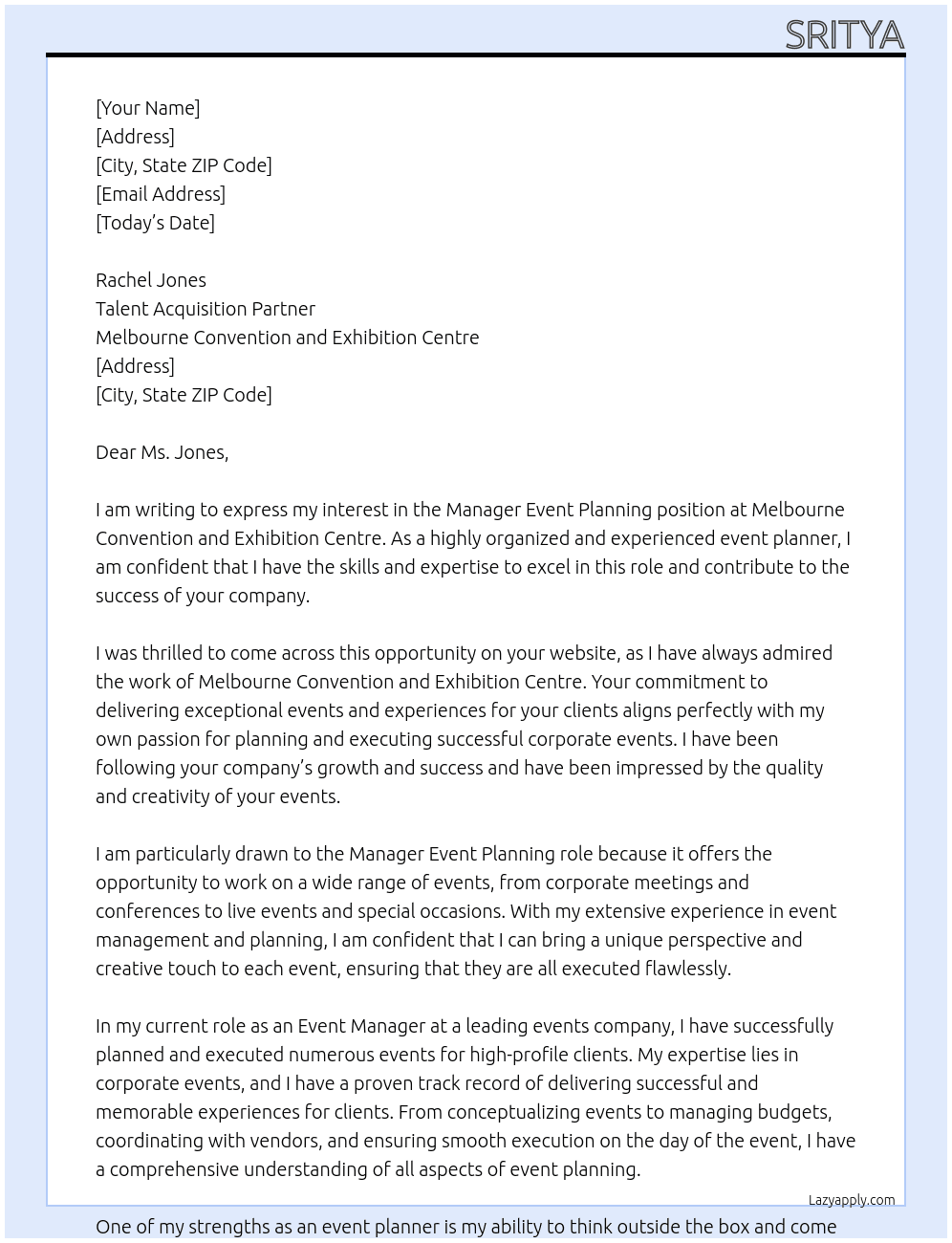 Manager Event Planning At Melbourne Convention and Exhibition Centre Cover Letter