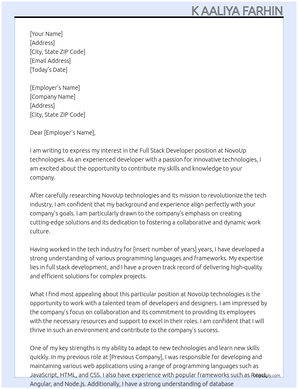 Full stack developer At NovoUp technologies Cover Letter