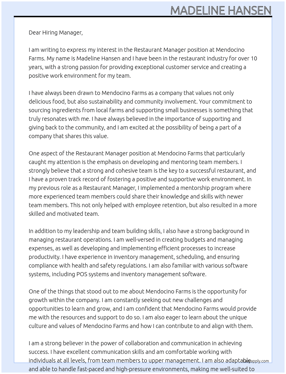 Restaurant Manager  At Mendocino Farms Cover Letter