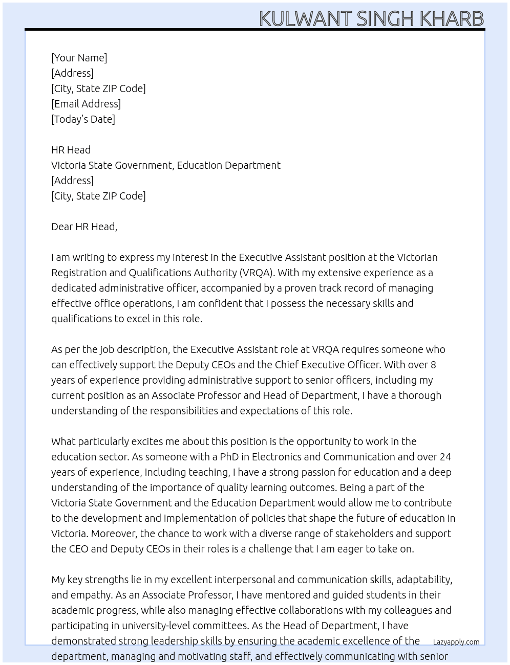 EXECUTIVE ASSISTANT At VICTORIA STATE GOVERNMENT,eDUCATION DEPARTMENT Cover Letter