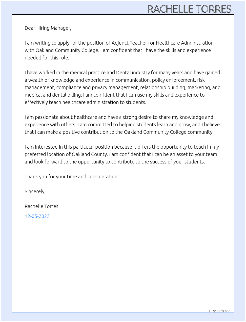 Adjunct teacher for Healthcare Administration  At Oakland Community College  Cover Letter