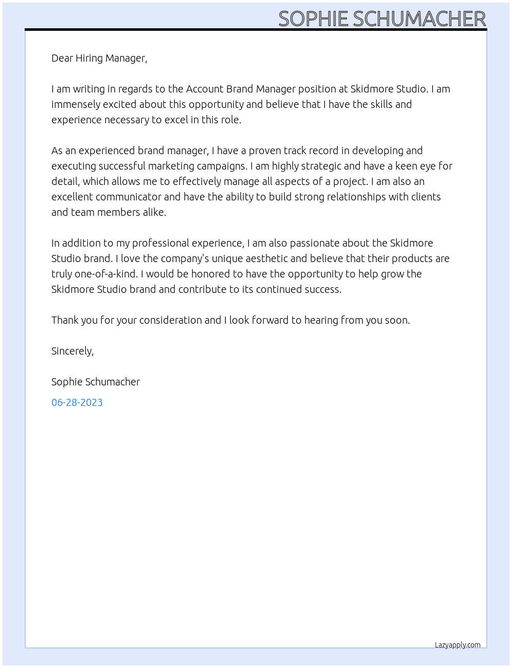Account Brand Manager At Skidmore Studio Cover Letter