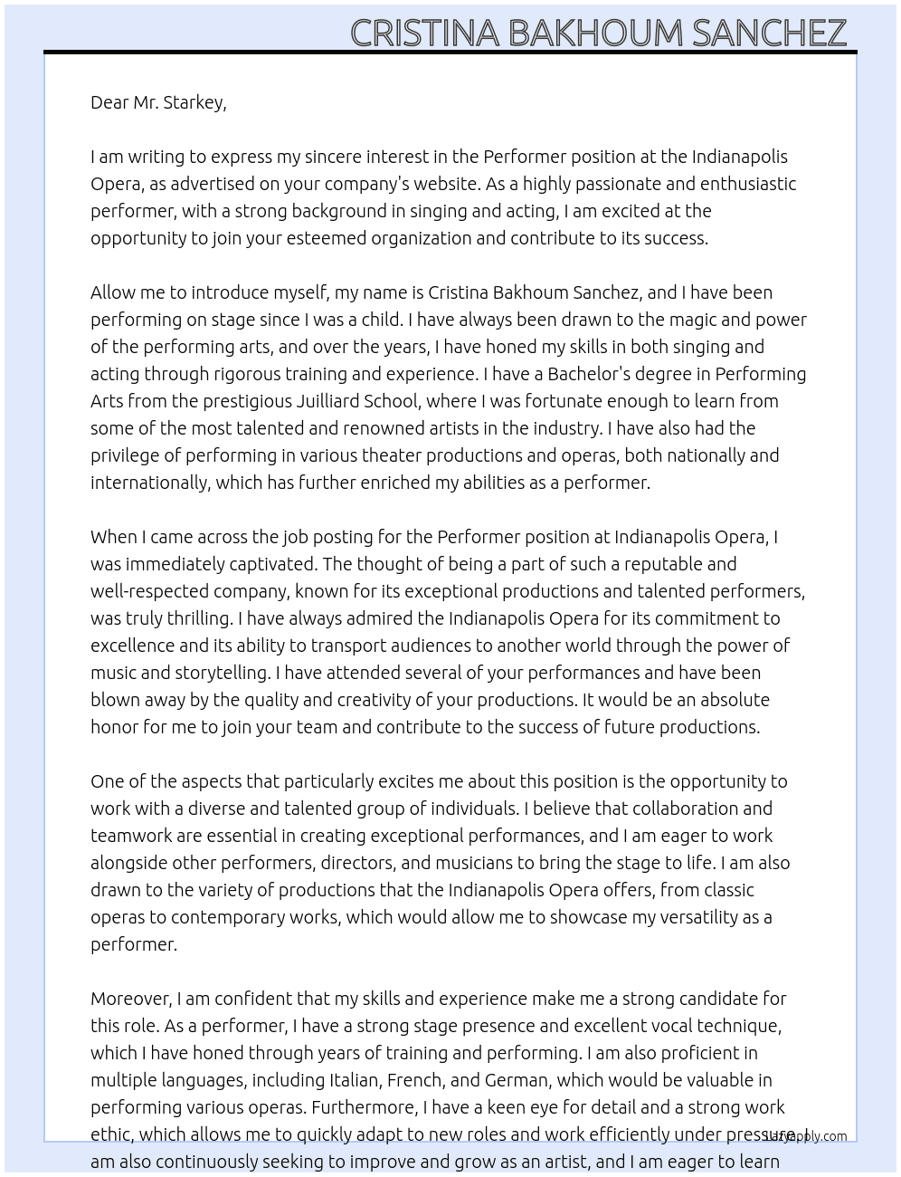 Performer  At Indianapolis Opera  Cover Letter