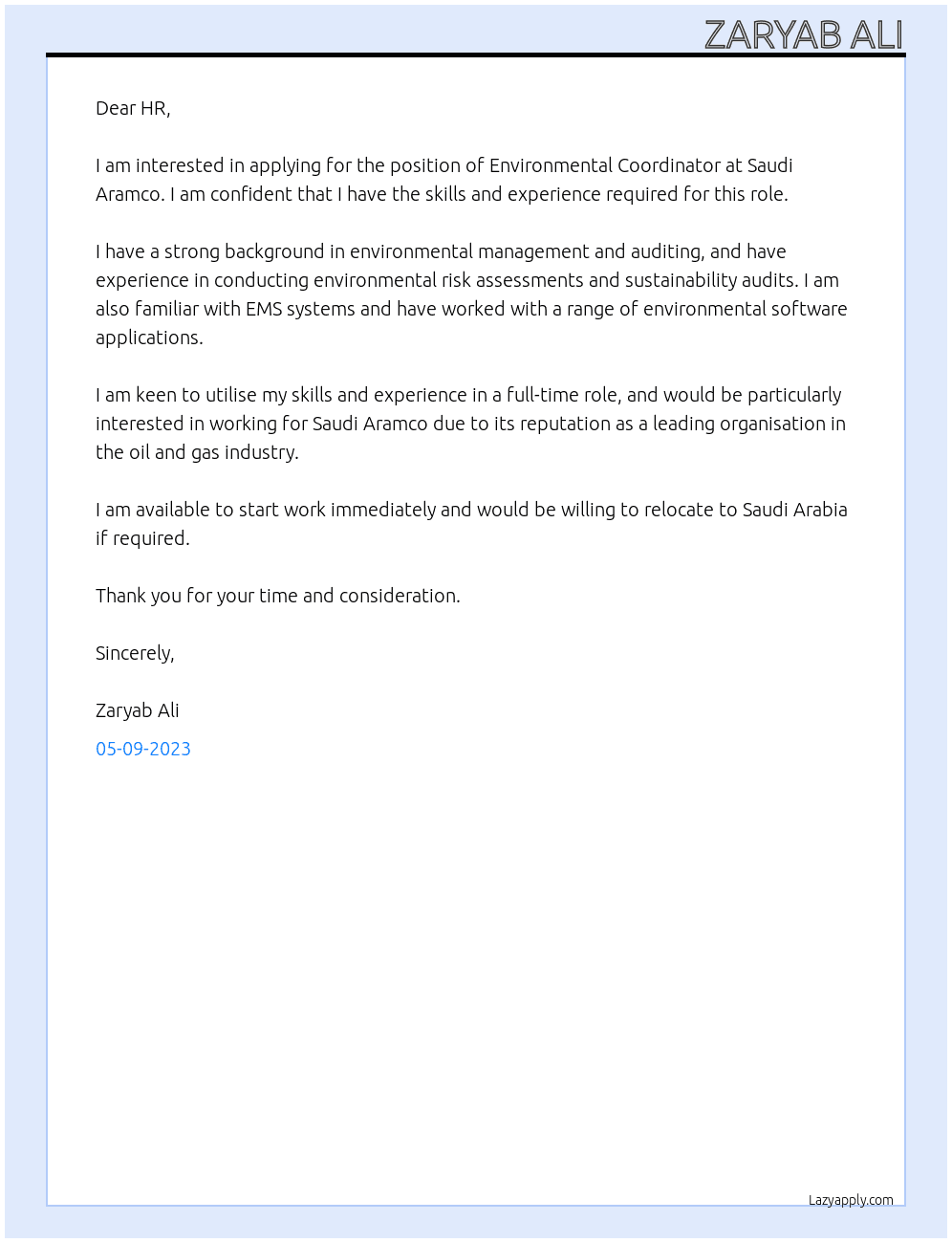 Environmental Coordinator At Saudi Aramco Cover Letter