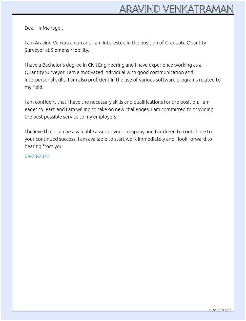 Graduate Quantity Surveyor At Siemens Mobility Cover Letter