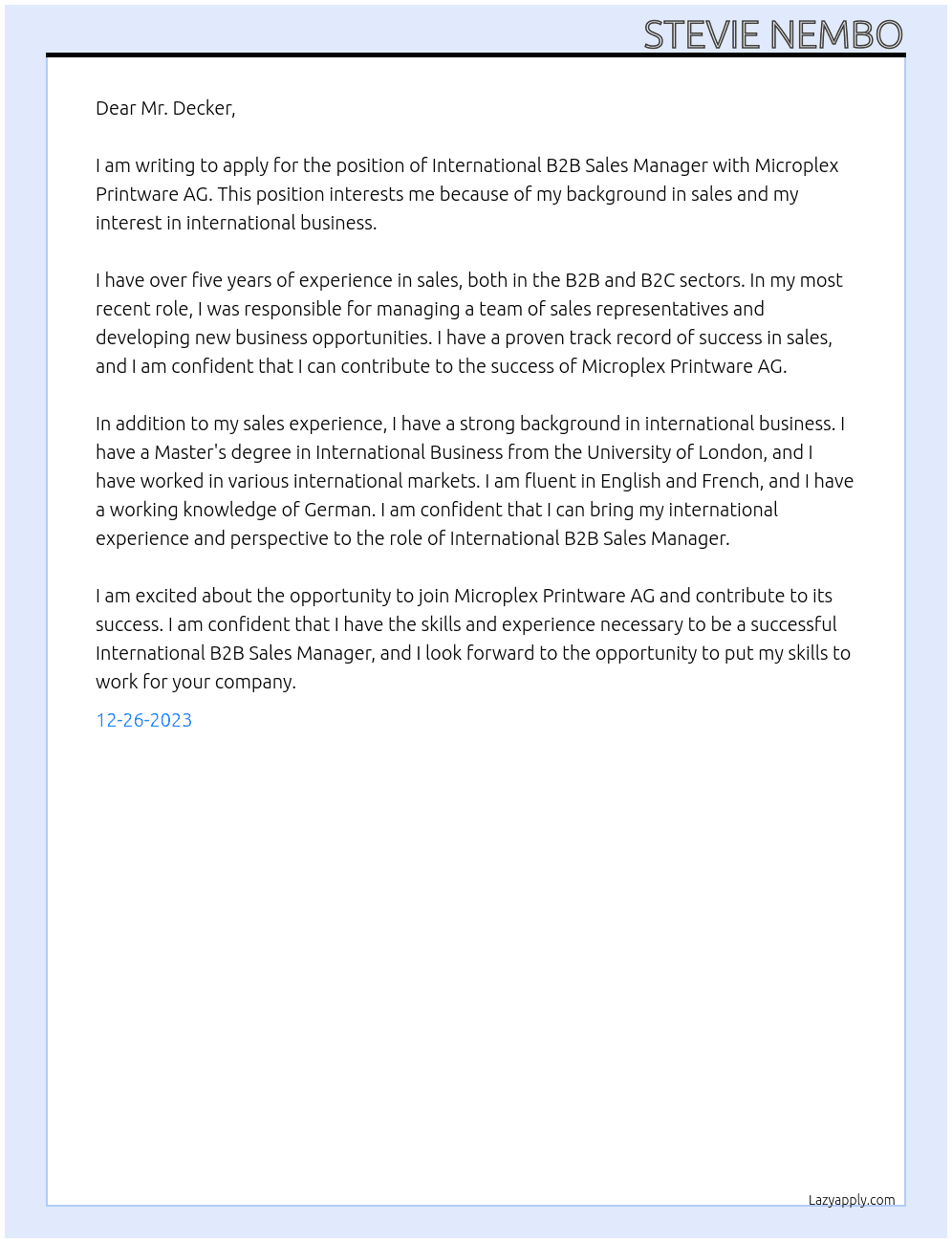 International B2B Sales Manager At Microplex Printware AG Cover Letter