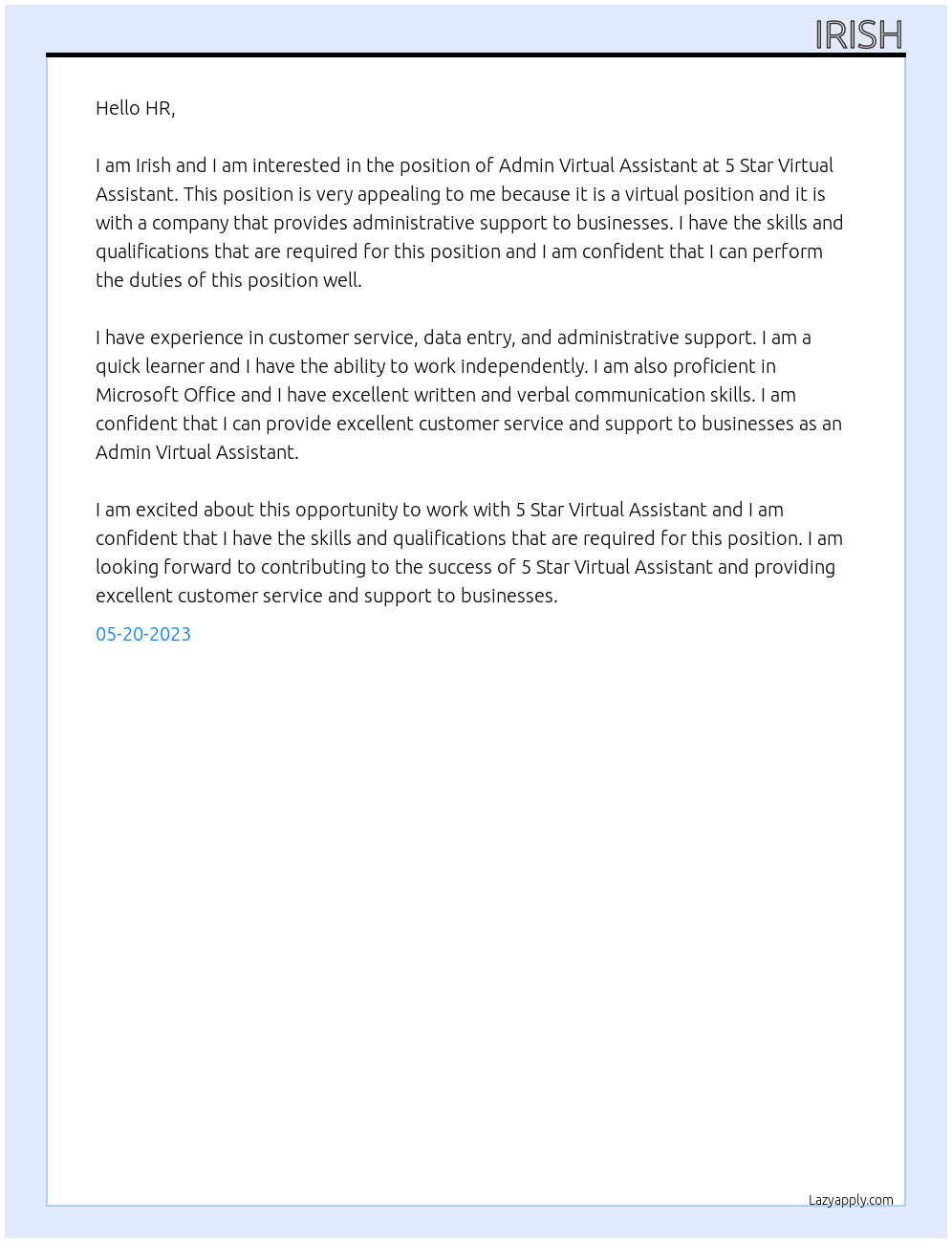 Admin Virtual Assistant At 5 Star Virtual Assistant Cover Letter