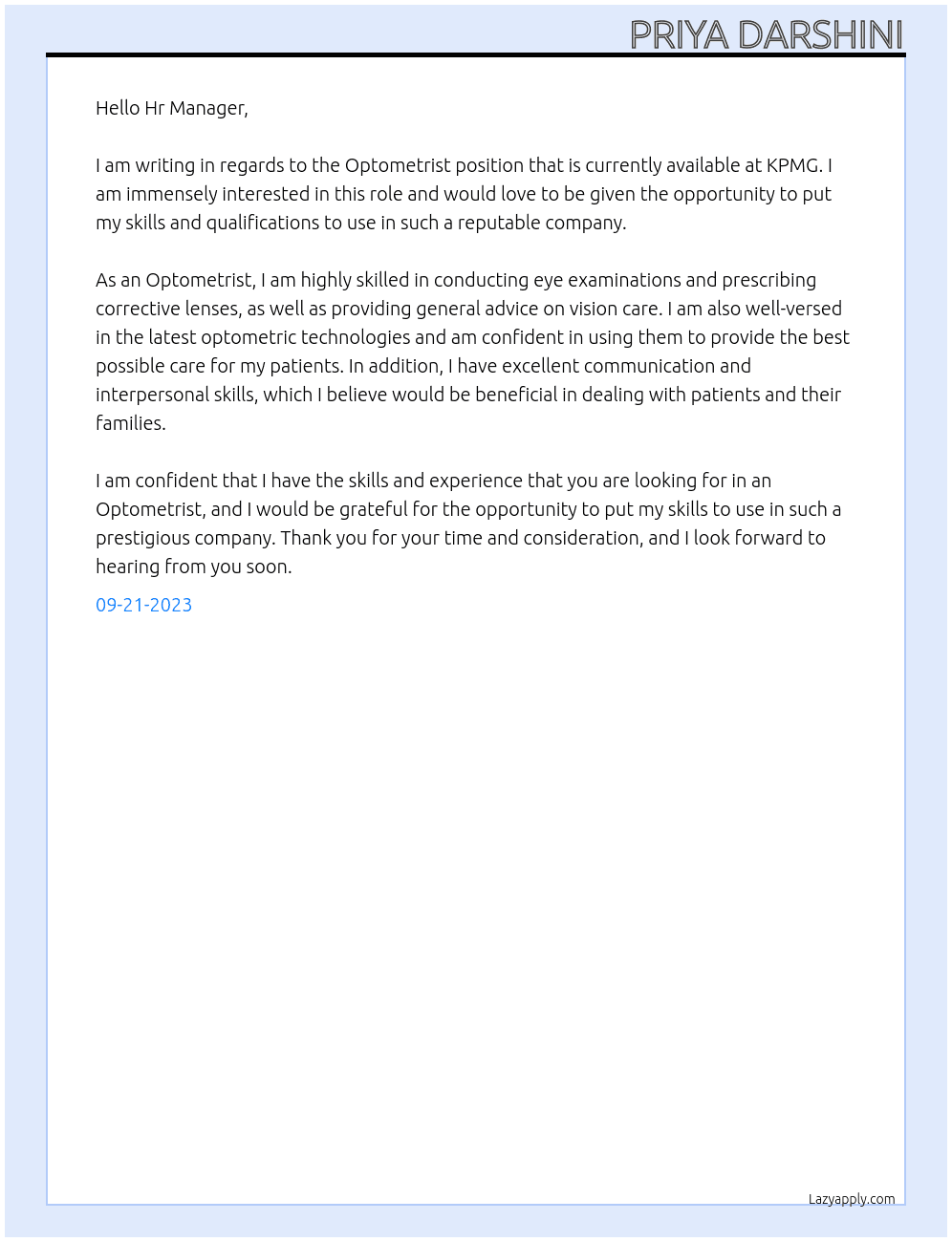 Optometrist  At KPMG Cover Letter