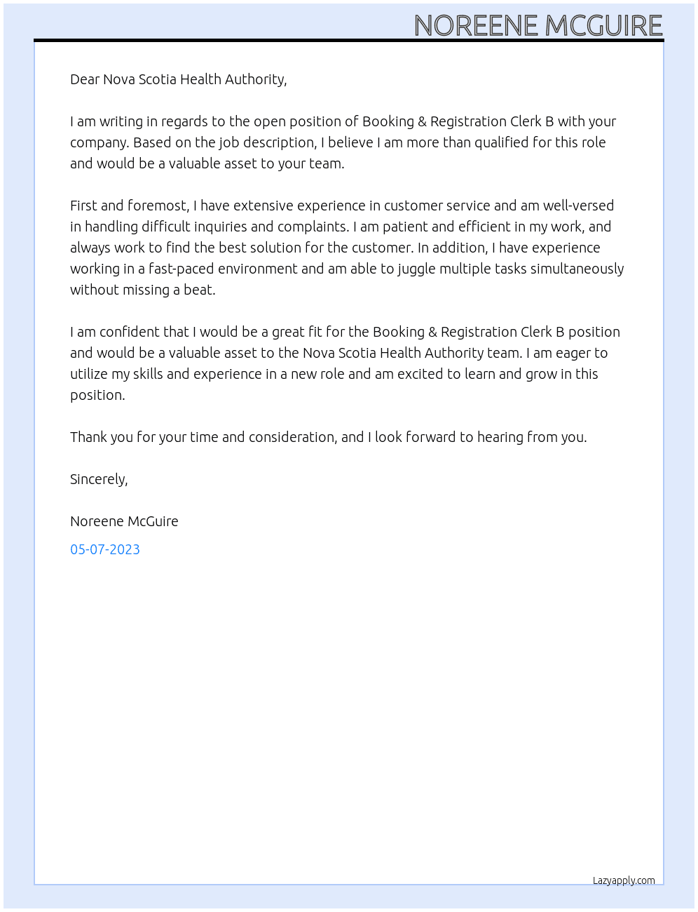 Booking & Registration Clerk B At Nova Scotia Health Authority Cover Letter