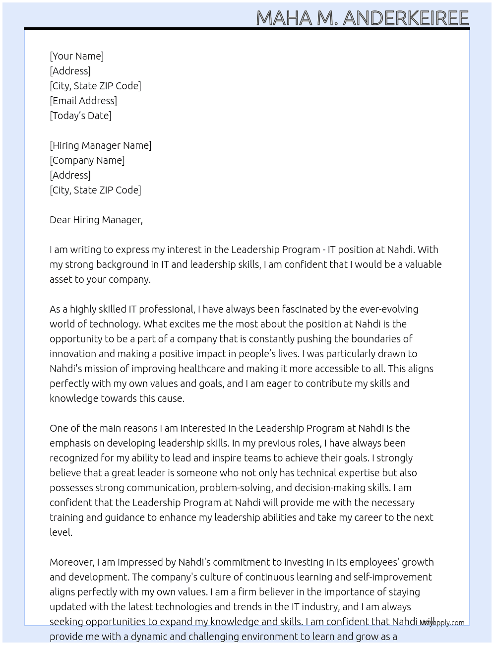 Leadership Program - IT At Nahdi Cover Letter