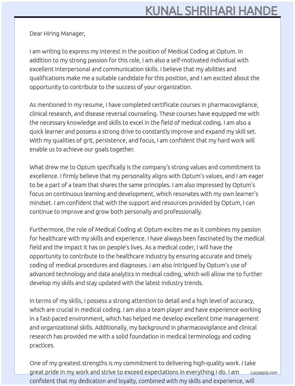 Medical coding  At Optum Cover Letter
