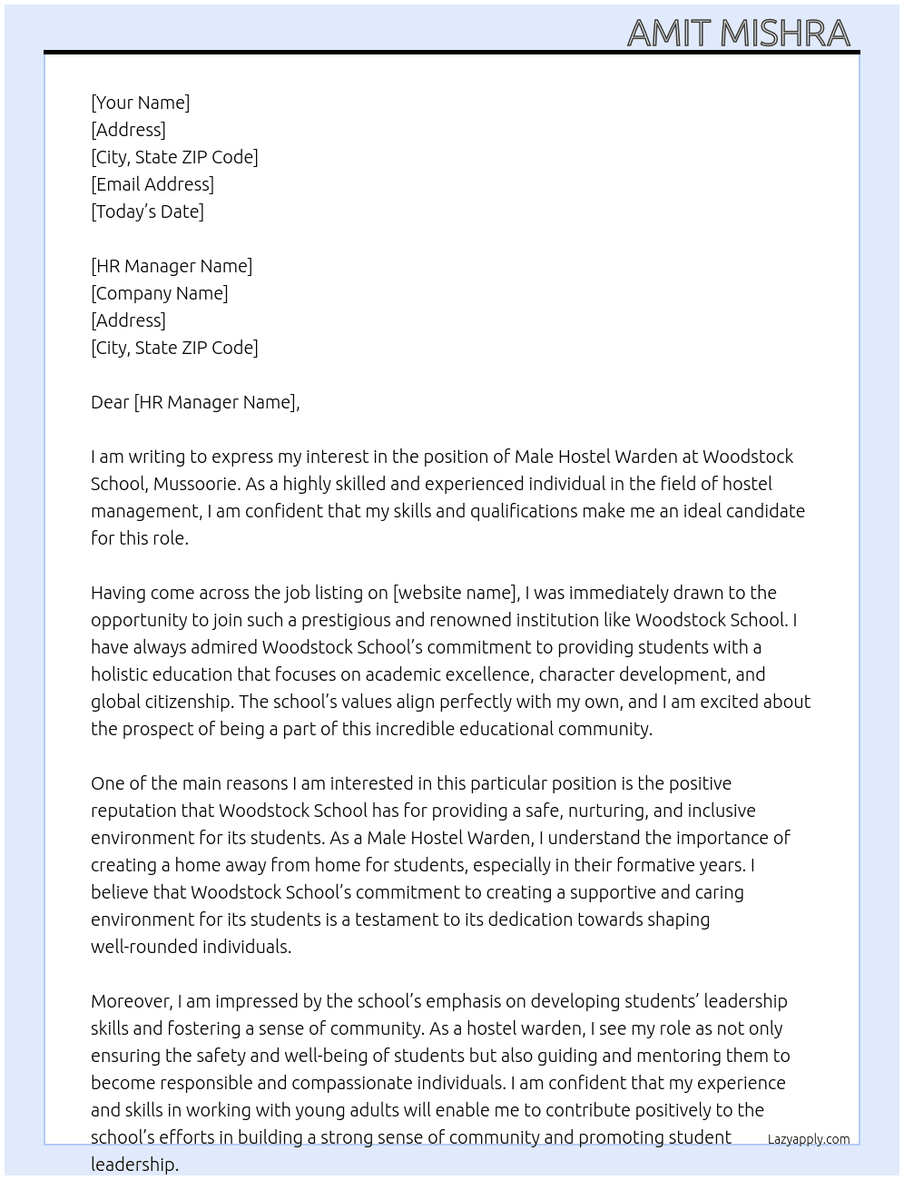 Male Hostel Warden  At Woodstock school, mussoorie  Cover Letter