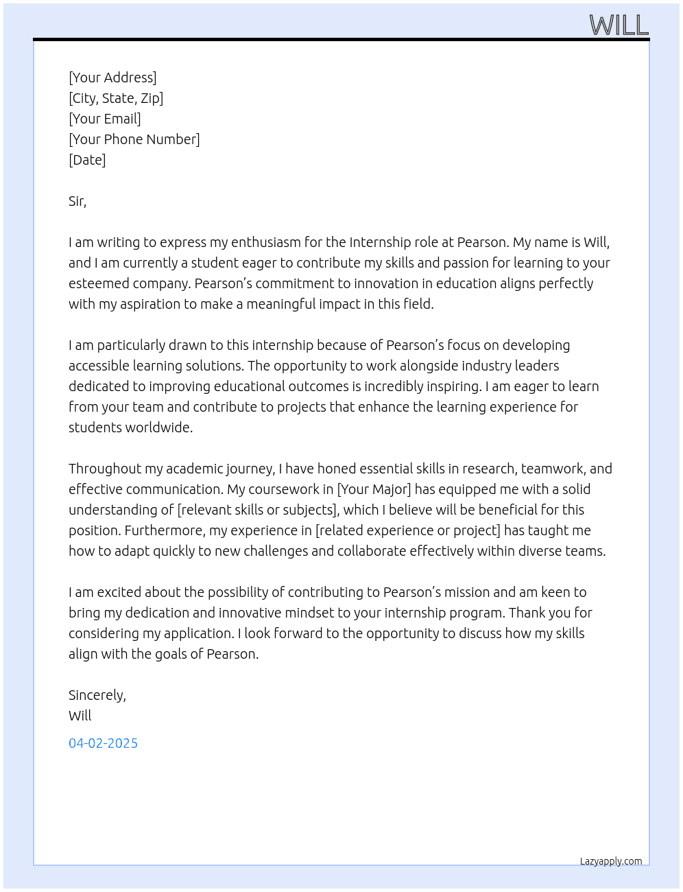 Student At Pearson Cover Letter