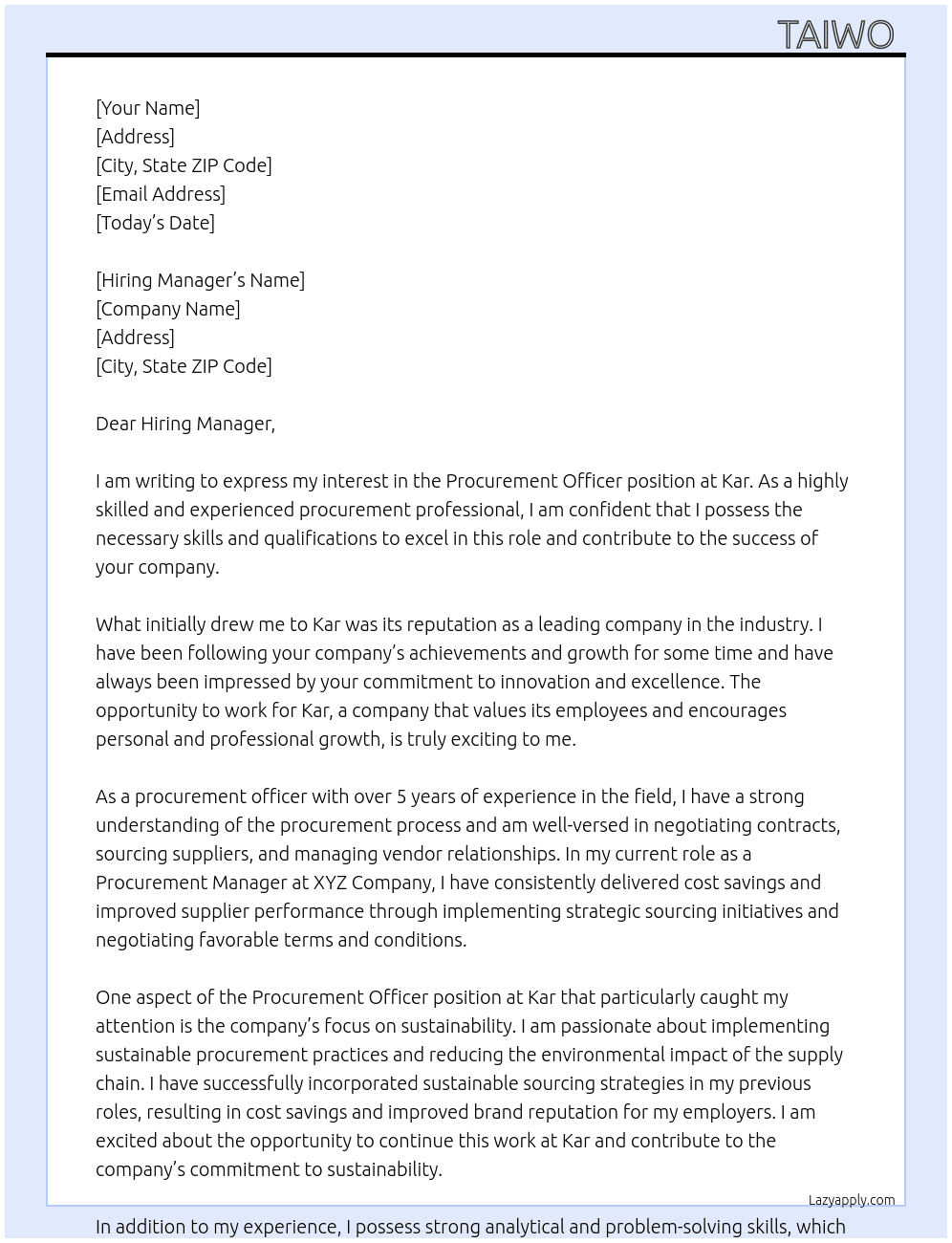 Procurement officer  At Kar Cover Letter