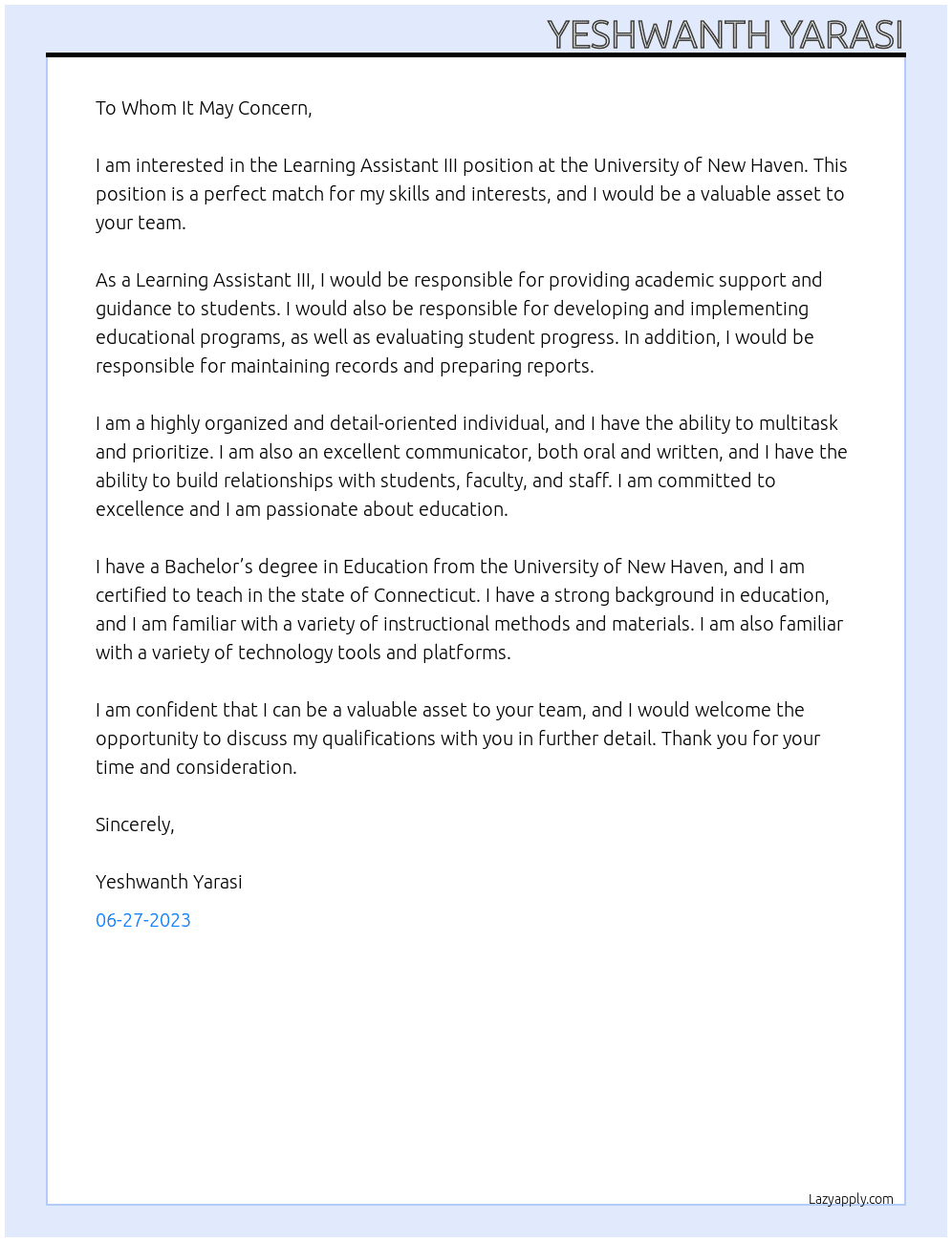 Learning Assistant III At University of New Haven Cover Letter