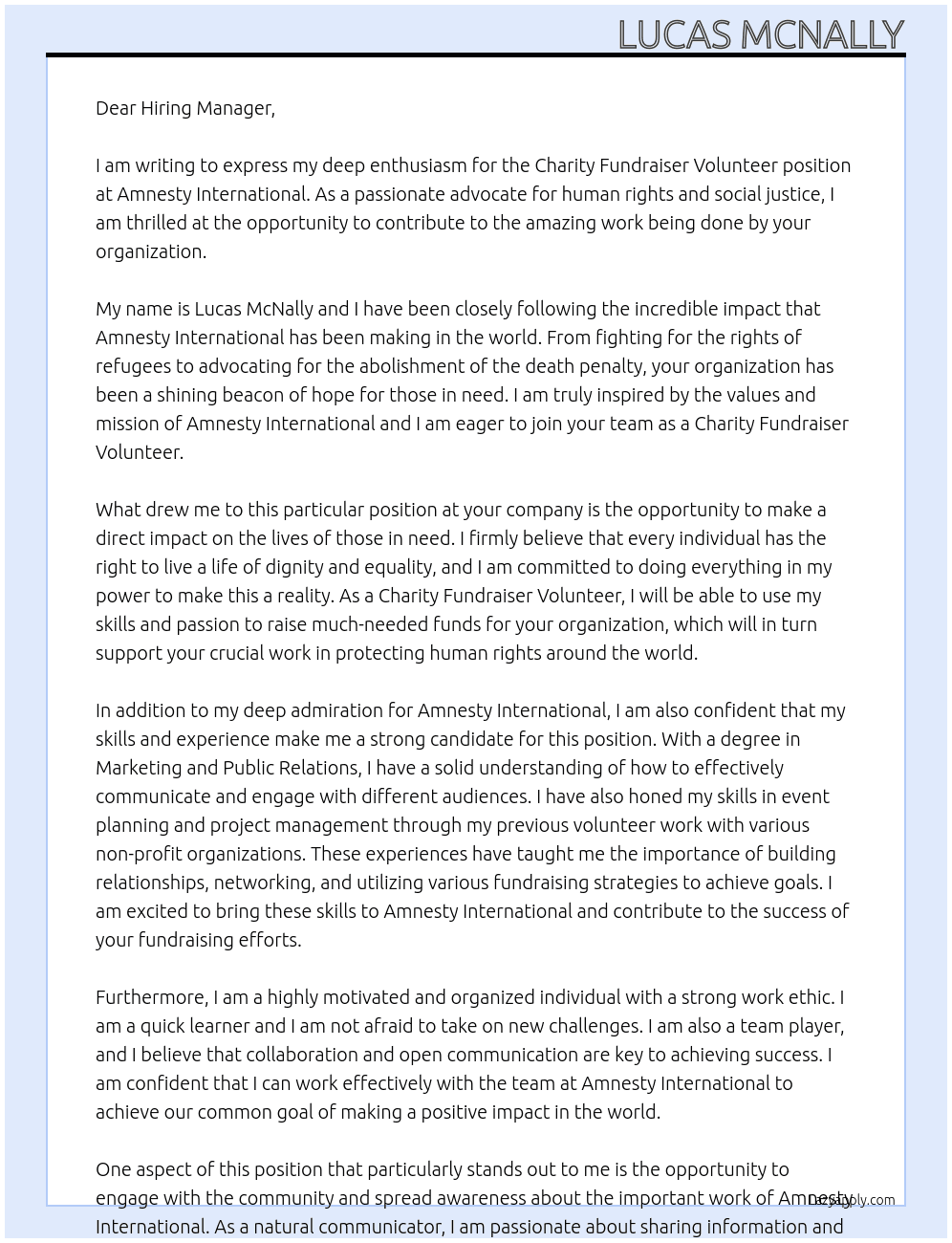 Charity Fundariser volunteer At Amnesty international  Cover Letter