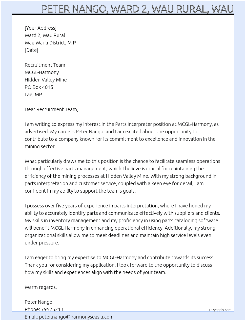 Cover letter for parts interpreter - LazyApply
