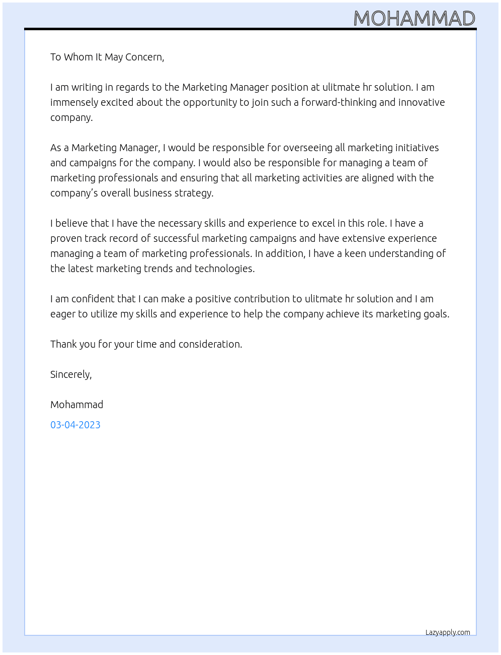 Marketing Manager At ulitmate hr solution Cover Letter