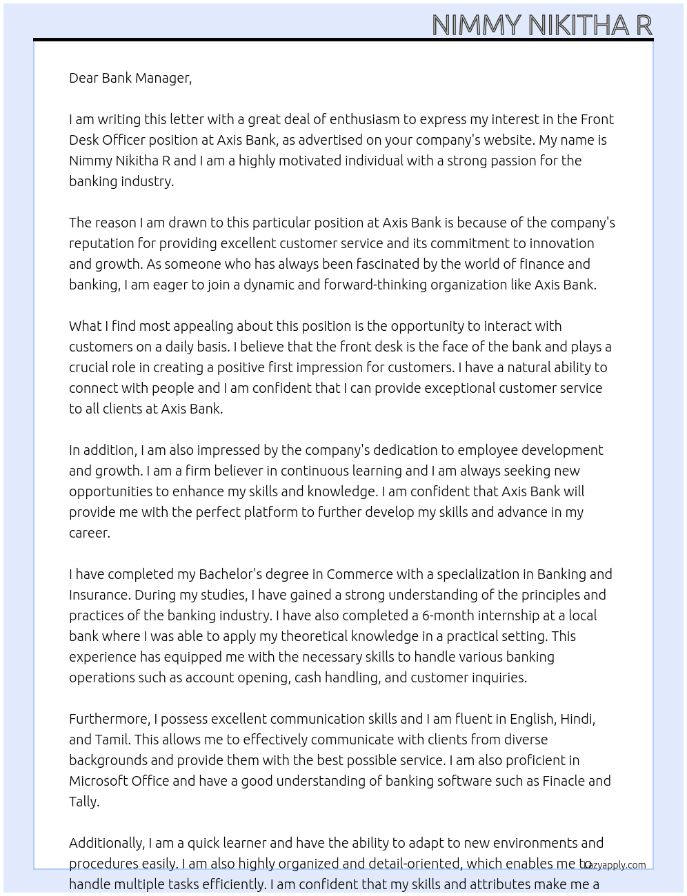 Front desk Officer  At Axis Bank  Cover Letter
