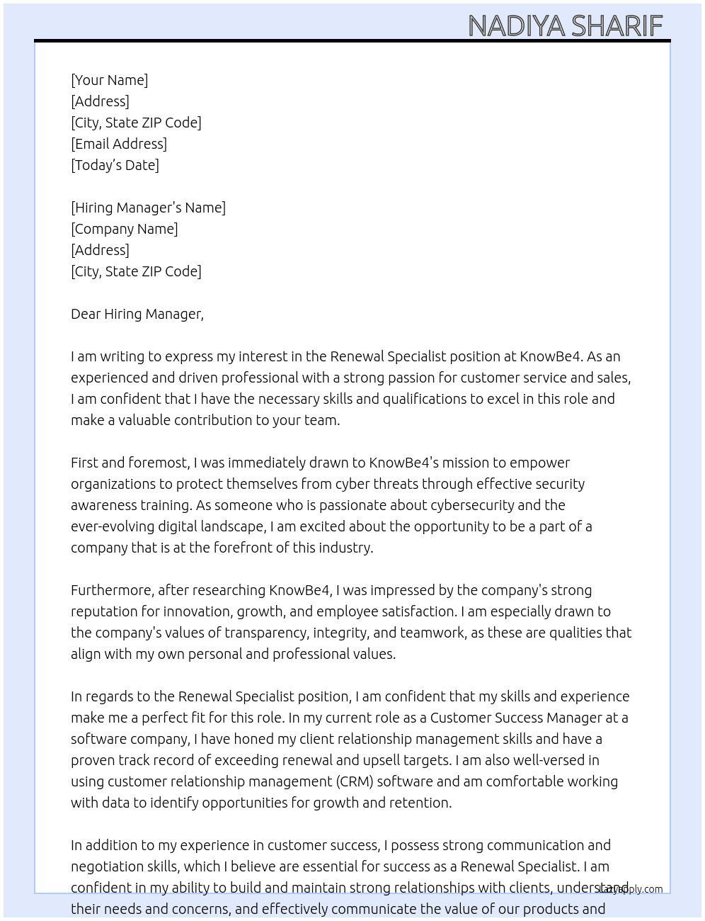 Renewal Specialist At  KnowBe4 Cover Letter