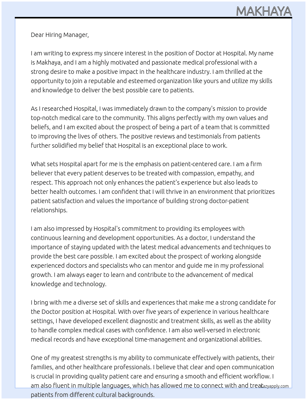 Doctor At hispital Cover Letter