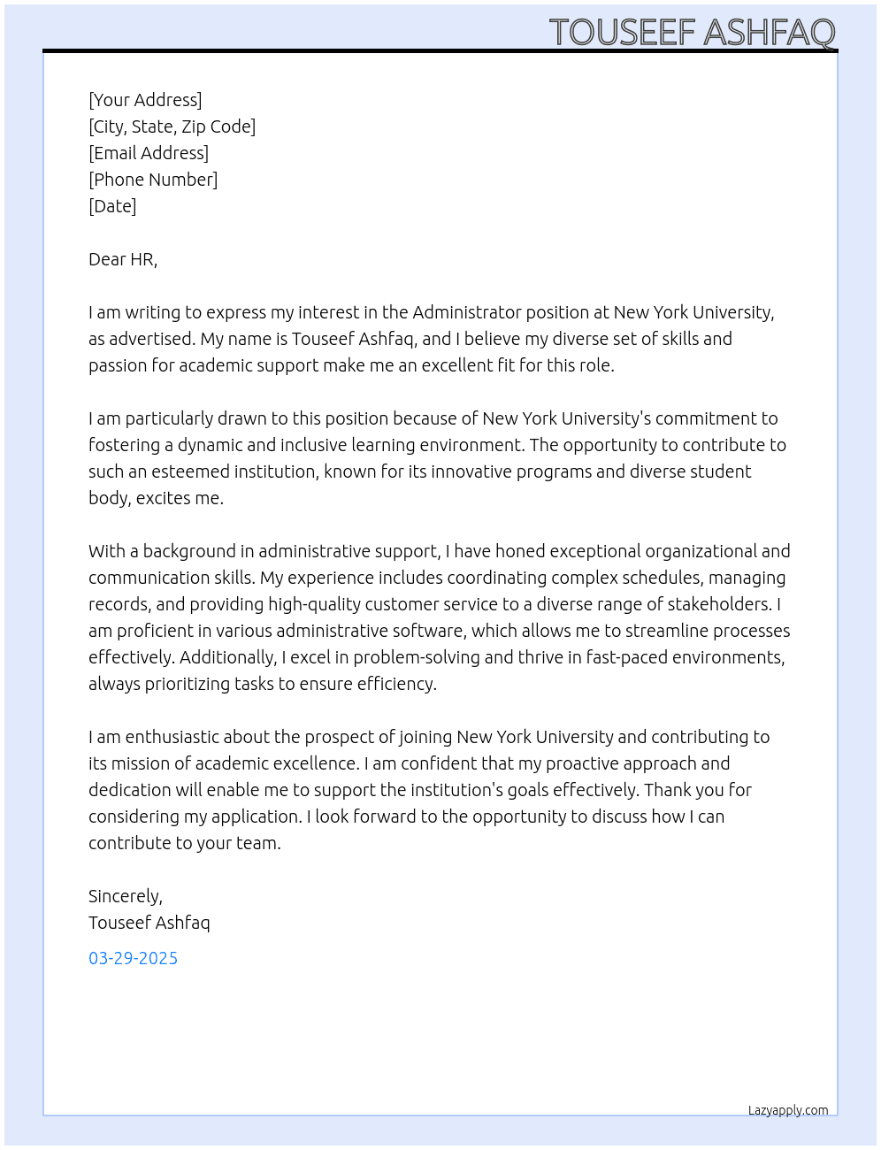 Administrator At New York University  Cover Letter